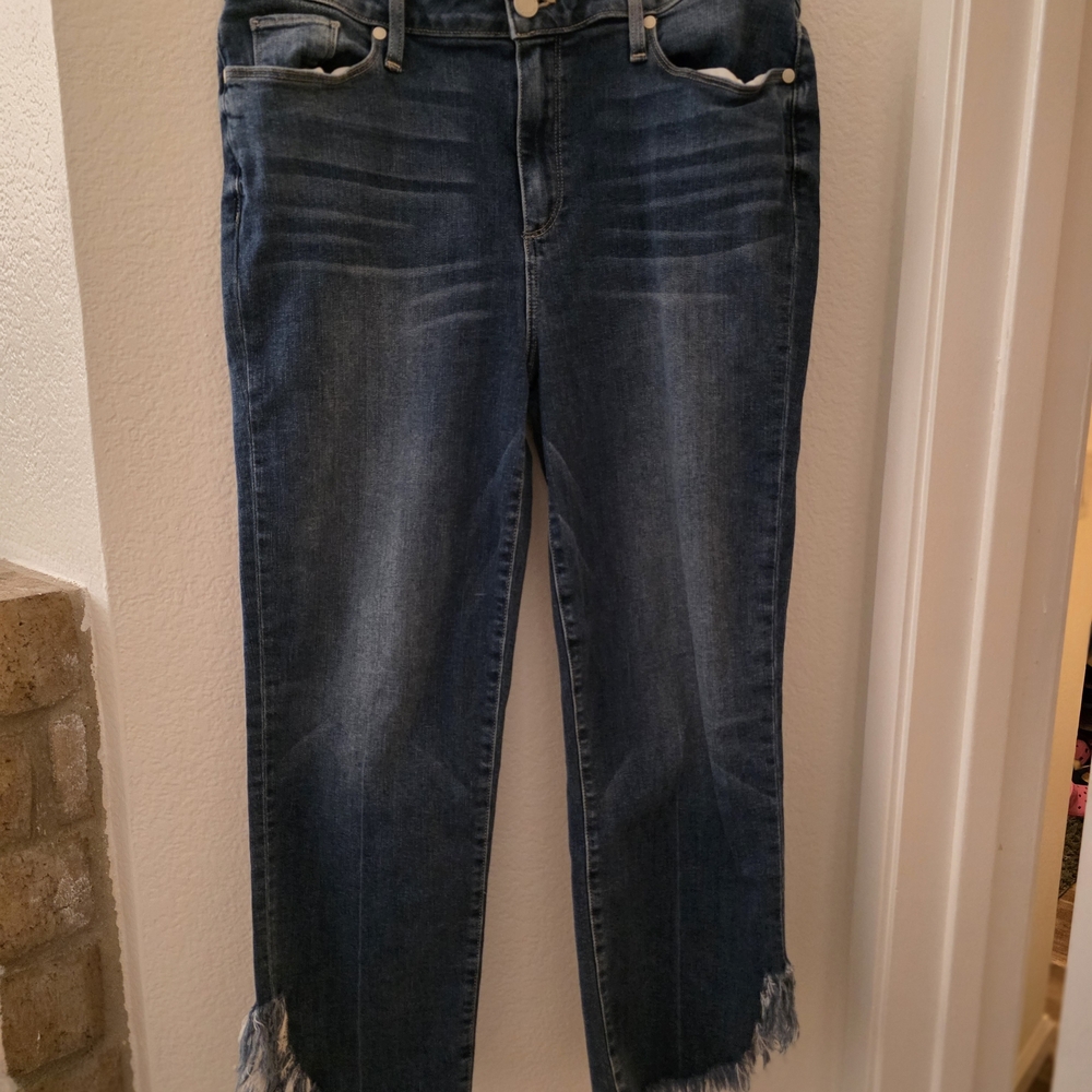 PAIGE Dark Blue Cropped Jeans with Frayed Hem